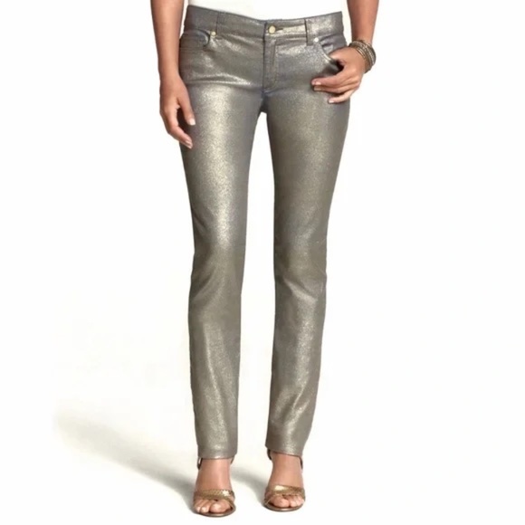 Chico’s Platinum Shimmering Gold Metallic Jeans Straight Leg Stretchy Size XS/2 - Picture 2 of 15
